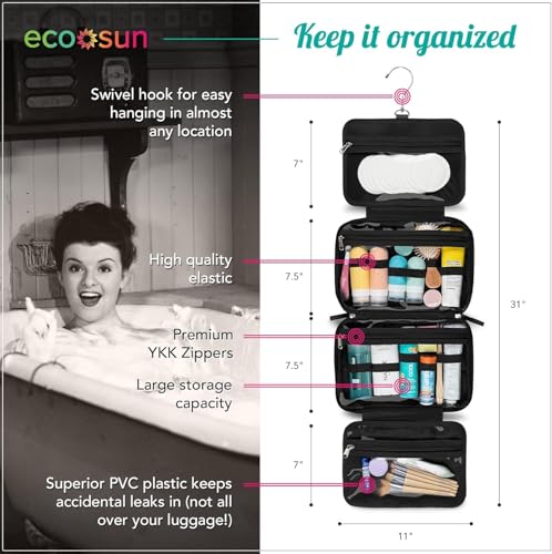 Eco Sun Hanging Travel Toiletry Bag — Designed in Hawaii — Water-resistant Travel Organizer for Bathroom Accessories (Black) - color: Black