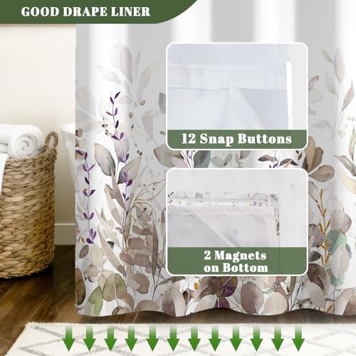 No Hook Shower Curtain with Snap in Liner Set, Neutral Watercolor Botanical Eucalyptus Foliage Print Shower Curtains for Farmhouse Boho Bathroom, Mesh Top Waterproof Bath Curtain, 71x74 Inch - color: Botanical-3