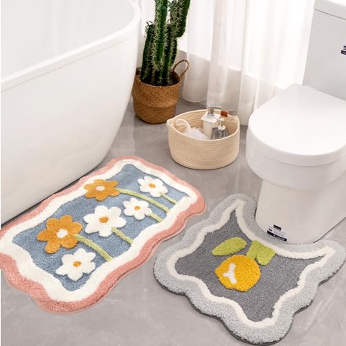 Bathroom Rug Set 2 Piece, Pink Microfiber Bath Mat & U-Shaped Toilet Rug, Non-Slip Washable Carpet 32x20 & 22x20 - color: Pink 32x20" + Grey 22x20"