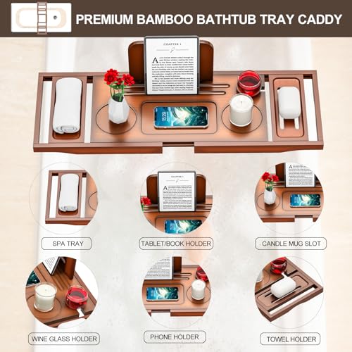 Premium Bamboo Bathtub Tray Caddy - Bath Tub Tray Table for Bathtub - Bath Caddy Tray for Bathtub, Expandable Size, Fits Most Bath Tubs - color: Walnut