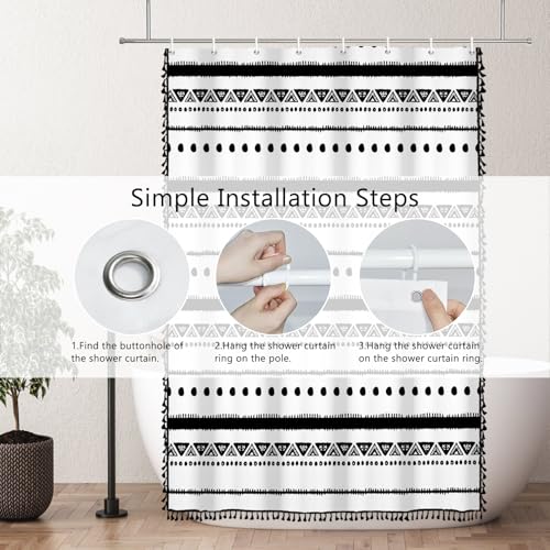 AOFOTO Boho Shower Curtain Black Striped Geometric Pattern Shower Curtains for Bathroom Tassel Bohemian Shower Curtain Modern Bathroom Home Decor with Hooks Waterproof 48x72 Inches - color: Black Dots, size: 48"W x 72"L (Pack of 1)