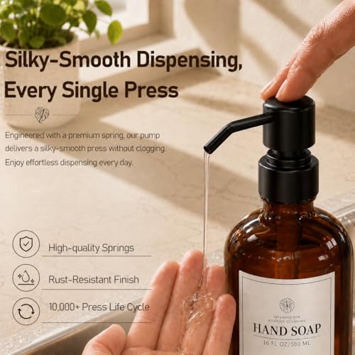 Fachixy Amber Glass Soap Dispenser (2 Pack), 16 Fl Oz Hand & Dish Soap Dispenser Bottles Set with Leak-Resistant Stainless Steel Pump, Non-Slip Pad, 14 Waterproof Labels for Kitchen and Bathroom - color: Brown