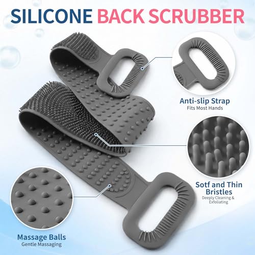 Manmihealth Silicone Back Scrubber for Shower, 36'' Extendable Back Washer with Long Strap Handle, Dual-Sided Silicone Body Brush for Men and Women (Gray) - color: Gray