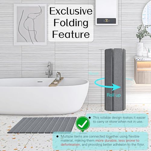 Cuckan Foldable Stone Bath Mats for Bathroom Super Absorbent Diatomaceous Earth Bath Mat Quick Dry Bath Rug Drying Mats with Non Slip Shower Rug Tub Shower Mat - color: Dark Gray, size: Rug 15x24" + 14x18" Non-slip Mat