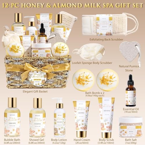Mothers Day Birthday Gifts for Women, Honey & Almond Milk Relaxing Spa Gift Baskets for Women Self Care Package Bath Gift Set, Home Bath and Body Kit Pamper Gifts for Womens Her Mom Friends Sister - color: Gold-Honey & Almond milk