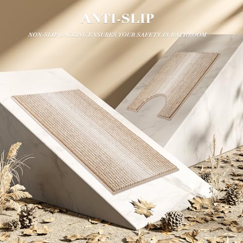 BSICPRO Bathroom Rugs Sets 3 Piece, Toilet Rugs U-Shaped Contour Bath Mat Set, Striped Absorbent Non Slip Chenille Shower Mat, Beige - color: Beige, size: 20"x32"+16"x24"+U Shape 20"x24"
