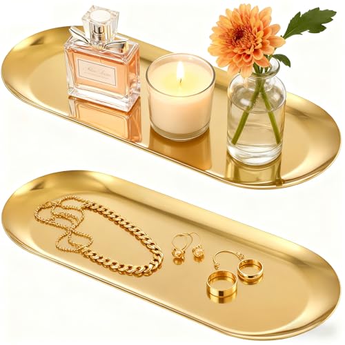 2PACK Gold Decorative Tray, Bathroom Vanity Tray for Dresser Counter, Stainless Steel Jewelry Dish Tray for Decor, Perfume Ring Key Candle Organizer Tray, Oval - color: Gold