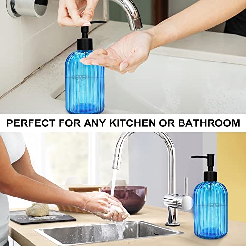 Pack of 2 Glass Soap Dispenser with Black Pump, 400 ml Refillable Pump Dispenser for Kitchen, Bathroom, Order, Laundry Room, Liquid Glass Bottle for Washing Up Liquid, Shampoo, Conditioner (Blue) - color: Blue