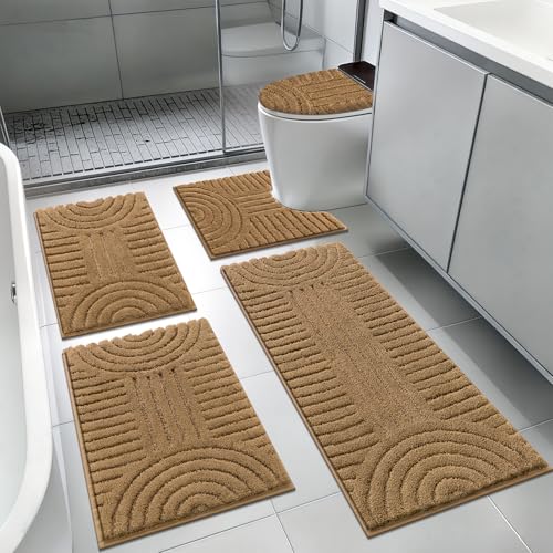 SHACOS Bathroom Rugs Sets 5 Piece Ultra Soft Absorbent Microfiber | Bath Mat with Bath Runner, U Shape Contour Rug, Toilet Lid Cover, Non Slip Machine Washable Carpet for Bedroom, Mustard - color: Mustard