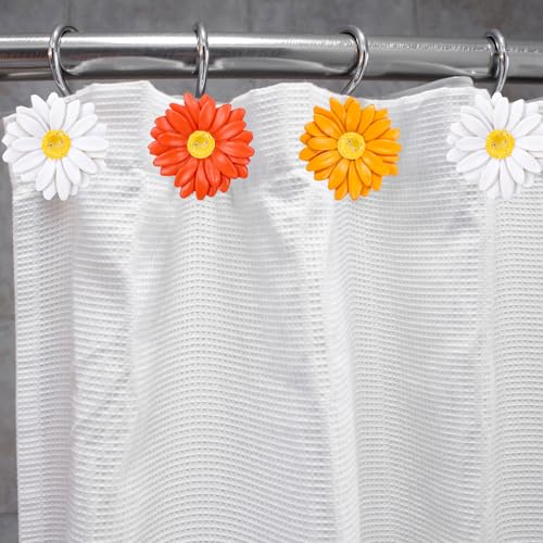 Whaline 12 Pcs Daisy Flower Shower Curtain Hooks Floral Shower Rod Rings Decorative Resin Curtain Hanger Hooks for Spring Summer Living Room Bedroom Bathroom Decor - color: Orange White