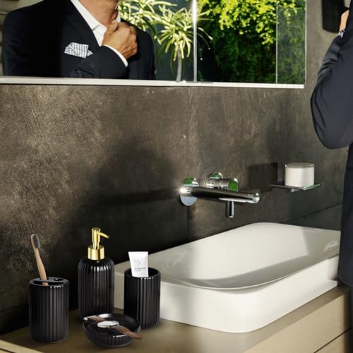 Black Bathroom Accessories Set, 4PC Ceramic Bathroom Sets Complete-Toothbrush Holders, Soap Dispenser, Soap Dish, Toothbrush Cup, Stylish Black Gold Bathroom Decor, Bathroom Organizer for Countertop - size: GBlack-4pcs