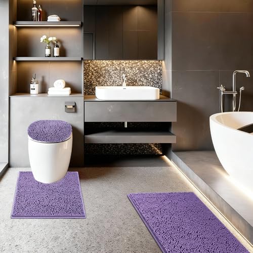 Bathroom Rugs Sets 3 Piece with Adjustable Toilet Seat Cover 19.5"x 18.5" Machine Washable Bath Rug Set with TPR Non Slip Rubber Backing Solid Bath Mat Set for Luxury Bathroom Decoration - color: Purple