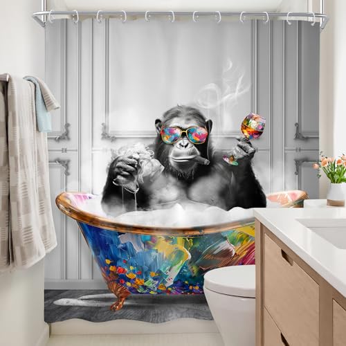 Newsely Funny Monkey Shower Curtain 72Wx72H Inch Black White Animal in Bathtub Chimpanzee Boys Men Shower Curtain Bathroom Set Modern Graffiti Cool Waterproof Bath Decoration Accessories Home Decor - color: B-monkey, size: 72"W x 72"L (Pack of 1)