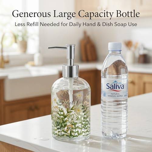 Topadorn 17oz Glass Soap Dispenser, Refillable Clear Liquid Soap Bottle, Bathroom Kitchen Countertop Decor, Inspirational Quote Design - color: Green