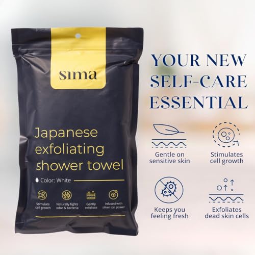 Sima Brand Exfoliating Washcloth Face & Body Scrub Towel - Japanese Exfoliating Towel with Hexagon Fibers, Body Scrubber with 2 Sides for Scrubbing & Washing, Extra Long Body Towels (White) - color: White