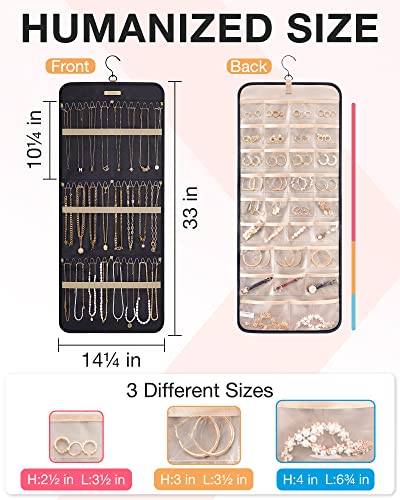 BAGSMART Hanging Jewelry Organizer Storage Roll with Hanger Metal Hooks Double-Sided Jewelry Holder for Earrings, Necklaces, Rings on Closet, Wall, Door, 1 piece, Large, Black - color: Black, size: L