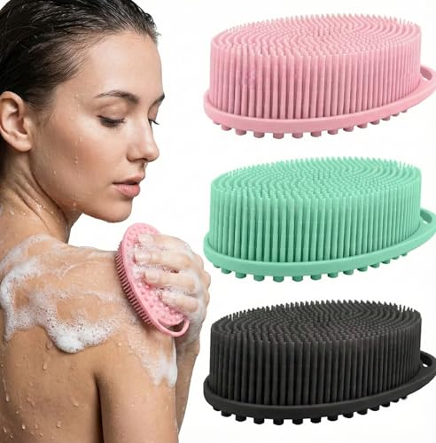 Silicone Body Scrubber 3-Pack – 2-in-1 Shower Exfoliating Brush with Handle, Gentle & Durable Loofah Alternative – Black, Green, Pink - size: 3Pack-Black Green Pink