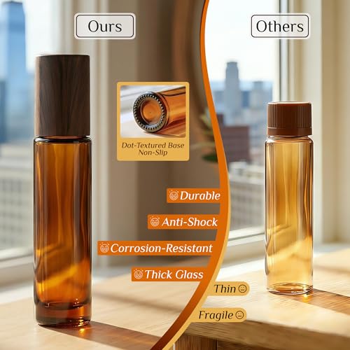 PrettyCare 12 Pack, 10 ml Essential Oil Roller Bottles with Stainless Steel Roller Ball - Refillable Leak-proof Empty Thick Amber Glass Roll on Bottles with Wooden Caps for Travel, Perfume - color: Amber with Wooden Cap, size: 12 Pack