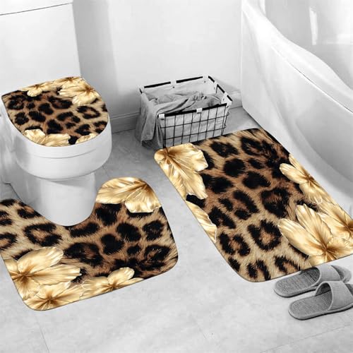 4 Piece Brown Leopard Shower Curtain Set with Rugs, Luxury Golden Floral Art, Exotic Animal Print Fabric Bathroom Decor, Non-Slip Mats & Toilet Lid Cover - color: Gold Floral