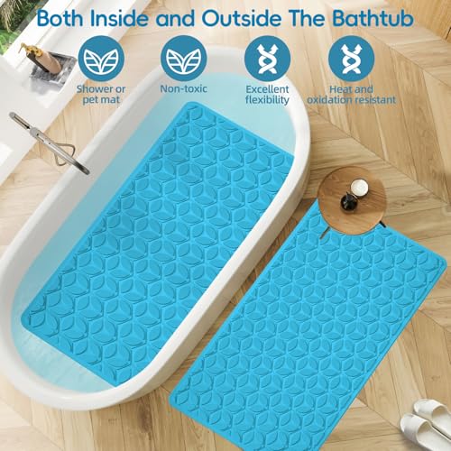 Bathtub Mat Non Slip with Suction Cups - 100% Rubber Bathroom Mat Textured for Bath Tub Shower Safety - Soft on Touch - BPA/PVC Free - Pet Dog Bath Mat - Machine Washable - 16 × 28 Inch（R Blue） - color: River Blue, size: 28" x 16" (Rectangular)