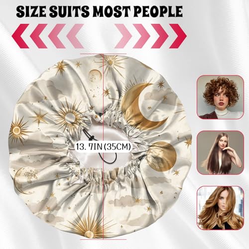 Luxury Shower Cap Satin Lined Reusable Waterproof Double Layer Elastic Adjustable Hair Bath Cap Cute Aesthetic Women Girls-Sun - color: F10-Sun