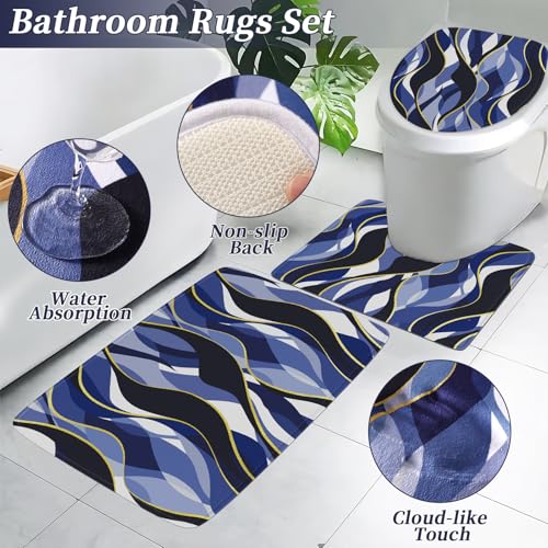 XLHOMO Bathroom Set - Blue and Gold Bathroom Accessories, Bathroom Sets with Shower Curtain and Rugs, Navy Blue Shower Curtain Set with Bathroom Trash Can, Soap Dispenser, Soap Dish for Home Decor - color: Stripe Blue & Gold, size: Complete Set + Bath Rug