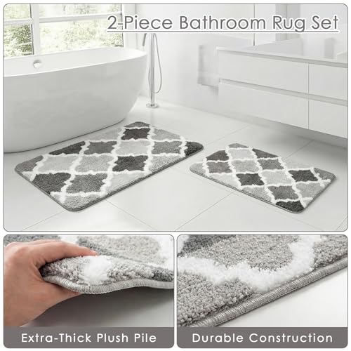 Arttown Gradient Grey Trellis Bathroom Rug Set 2 Piece Fluffy Microfiber Non-Slip Water Absorbent Soft Washable Floor Mat for Tub Showers Laundry Room Decor 16"x24"+20"x32" - color: Gradient Gray 2