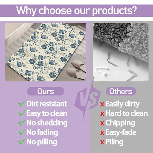 Blue Beige Flowers Bathroom Mat, Non Slip Rubber Backed Fast Dry Bath Rug, Thin Bath Mat for Bathroom Kitchen 17"x30" - color: Blue Beige Flowers