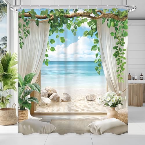 Newsely Ocean Beach Shower Curtain 60Wx72L Inch Beachy Tropical Coastal Blue Sea Summer Hawaiian Nature Landscape Green Leaves Bathroom Set Modern Waterproof Bath Decoration Accessories Home Decor - color: B-01beach, size: 60"W x 72"L (Pack of 1)