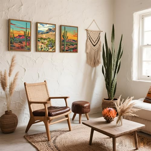 Framed Desert Landscape Wall Art Set of 3, Vintage Mexican Cactus Wall Decor Paintings, Boho Southwestern Mountain Plant Pictures Canvas Prints for Living Room Bedroom Bathroom Office 12x16 inch - color: Desert, size: 16"L x 12"W