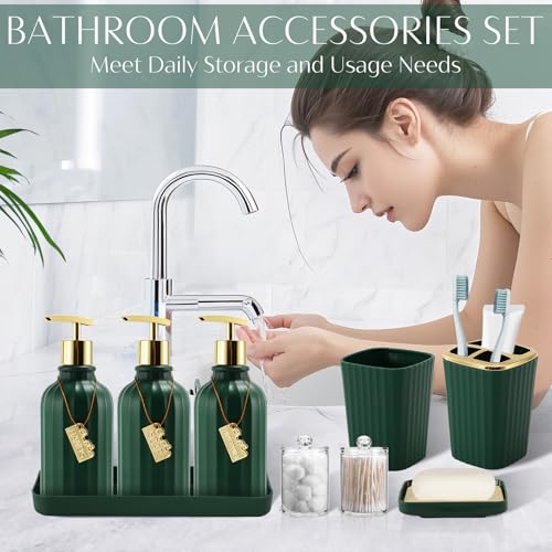 17PCS Bathroom Accessory Set Bathroom Set Hunter Green Bathroom Accessories,Toilet Brush, Trash Can, Qtip Holder Dispenser& 3PCS Soap Dispenser - size: Bath Set with Swing-Top Trash Can, style: Dark Green