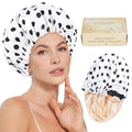 Luvruitaky Large Shower Caps for Women Reusable Waterproof Satin Lined Shower Cap with Adjustable Band Double Layer Design Luxury Washable Bath Hair Bonnet (Black Dot)