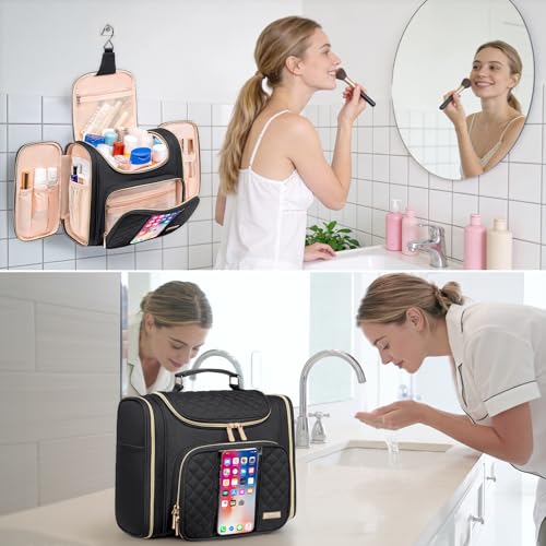 Tealari Large Toiletry Bag for Women Men,Bathroom Bag,Water Resistant Shower Bag,Makeup Bag,Toiletry Bags for Traveling,Hanging Toiletry Bag with Transparent Waterproof Phone Pocket - color: Black