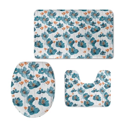 Blue Floral Soft Bathroom Carpet 3 Piece Bathroom Rugs and Mats Sets Non-Slip Mat Set Toilet Mat Set Bath Mats Set 3 Piece Set,with U-Shaped Toilet Floor Mat Non Slip Rugs - color: Blue Floral