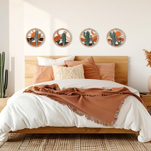 HPNIUB Boho Cactus Wall Decor, Rustic Desert Tropical Botanical Hanging Wood Sign for Living Room, Round Southwest Plant Wooden Plaque, Sun and Moon Wall Art for Apartment Office(10''x10'') - color: Boho desert&cactus