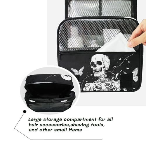 MNSRUU Hanging Toiletry Bag Gothic Skull and Butterflies Travel Makeup bag for Toiletries Portable Travel Toiletry Organizer Cosmetic Bags with Hanging Hook - color: Skull A10819