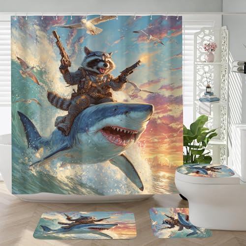 4 PCS Funny Raccoon Riding Shark Shower Curtain Set, Cute Animal Fun Cool Nautical Kids Children Bathroom Rug Set Bath Mats Nonslip Washroom Decor - color: Colorful
