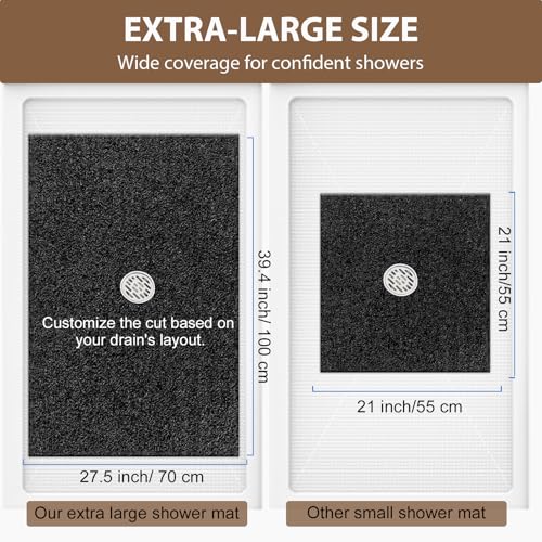 Shower Mat Non Slip: 39.4 x 27.5 Inch Extra Large Shower Mats for Inside Shower with Drain Hole - Soft PVC Loofah Anti Slip Shower Stall Mat for Walk-in Shower and Bathroom, Quick Drying - color: Black, size: 39.4" x 27.5" (Rectangular)