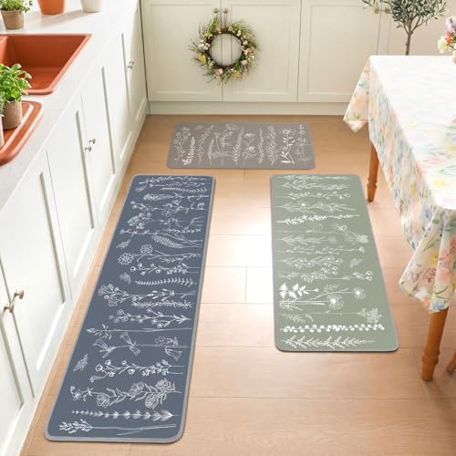 Drydiet 3 Pieces Burlap Anti Slip Rubber Backing Kitchen Mat Set Rugs for Floor 16.54 x 31.5 47.24 59.06 Inch Floral Runner for Sink Laundry Room Entryway
