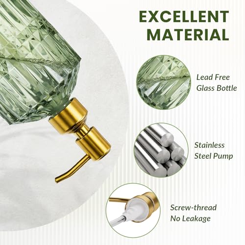 AmazerBath Soap Dispenser Green Glass Soap Dispenser with Pump Stainless Steel, 14.2OZ Luxury Gold Hand Soap Dispensers Bottles Bathroom, Refillable Kitchen Soap Dispenser for Dish Soap, 1 Pack - color: Green & Gold - 1 Pack