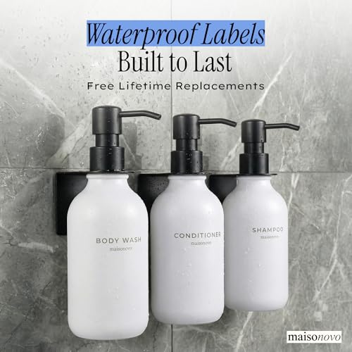 Shampoo and Conditioner Dispenser Wall Mounted Set of 3 White Black - No Drill Shower Soap Dispenser for Bathroom Refillable - Spa Hotel Style Accessories by MaisoNovo - color: White Black Set of 3