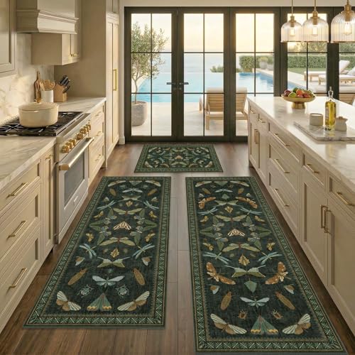 JTJ Botanical Insect Kitchen Rug Set of 3, Dark Green Nature Inspired Floor Mats with Non-Slip Backing, Washable Low Pile Runner for Sink and Stove - color: Insect - Dark Green