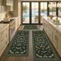 JTJ Botanical Insect Kitchen Rug Set of 3, Dark Green Nature Inspired Floor Mats with Non-Slip Backing, Washable Low Pile Runner for Sink and Stove - color: Insect - Dark Green
