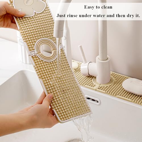 Faucet Mat for Kitchen Sink Splash Guard, 15 Inch Long Faucet Draining Mat, Detachable Kitchen Sink Faucet Mat with Adjustable Tube Holes, Soap Sponge Holder Faucet Handle Drip Catcher Tray Mat