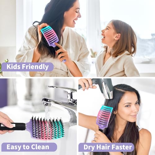 Boar Bristle Hair Brush Set of 2, HIPPIH Wet & Dry Hair Brushes Made by Fine Natural Boar Hair Can Adds Shine and Smoothing, Detangling Hairbrush for Women, Men & Kids' Long Curly Thick Hair - color: Mint Purple & Green