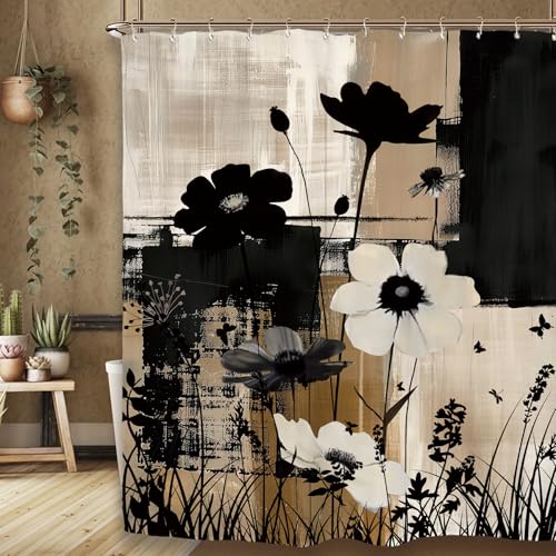 Miyotaa Abstract Modern Plant Flower Shower Curtain Set 60Wx71H Inches Black Tan Contemporary Minimalist Brushstroke Botanical Art Waterproof Bathroom Curtain with 12 Hooks - color: Brushstroke Plant, size: 60"W x 71"L (Pack of 1)