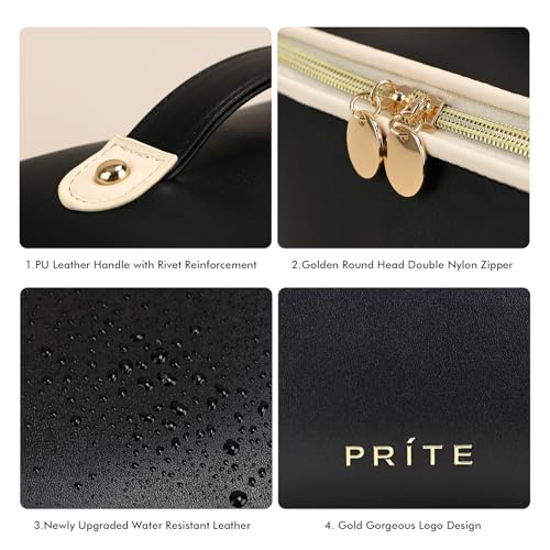 Prite Makeup Bag for Women Travel Waterproof Vegan Leather Cosmetic Bag Open Flat Toiletry Bag With Clear Divider and Handle (Black, Medium) - color: Black, size: Medium