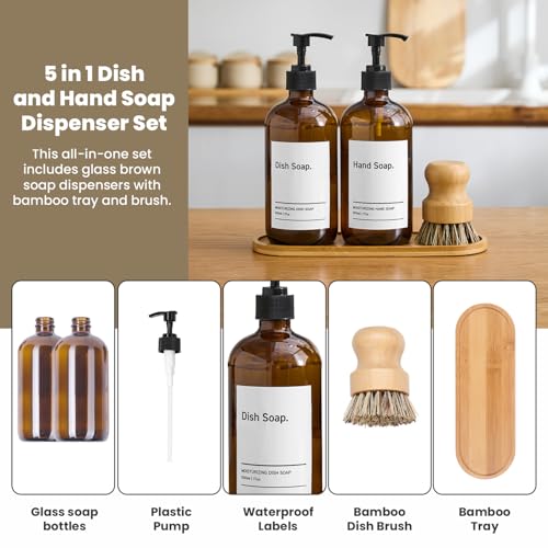 SIDIQI Design Glass Soap Dispenser Set of 2 with Plastic Pumps, Bamboo Tray, Brush & Labels - Ideal for Bathroom & Kitchen Countertop - 500ml/17 Oz