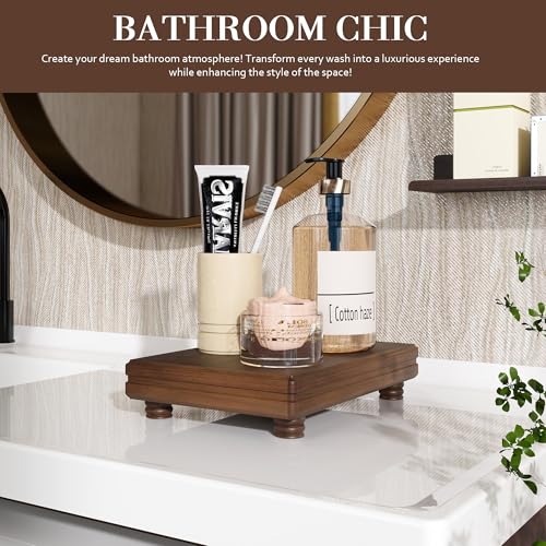 EOSAHR Decorative Tray Pedestal Stand for Home and Kitchen – Farmhouse Bathroom Counter Organizer & Soap Holder for Bathroom Decor - Wooden Tray to Elevate Home Decor (Brown) - color: Brown