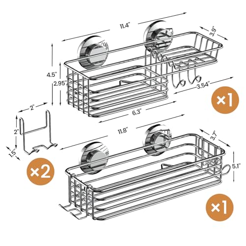 LEVERLOC Shower Caddy Suction Cup, 2 Pack Heavy Duty Bathroom Organizer for Inside Shower with Hooks & Soap holder, Removable and Rustproof Silver bathroom Holder Storage - color: 2 X Silver Basket